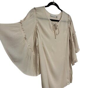 Susan Graver Tan Cream Autumn Flutter Bell Short Sleeve Shirt Size: Small